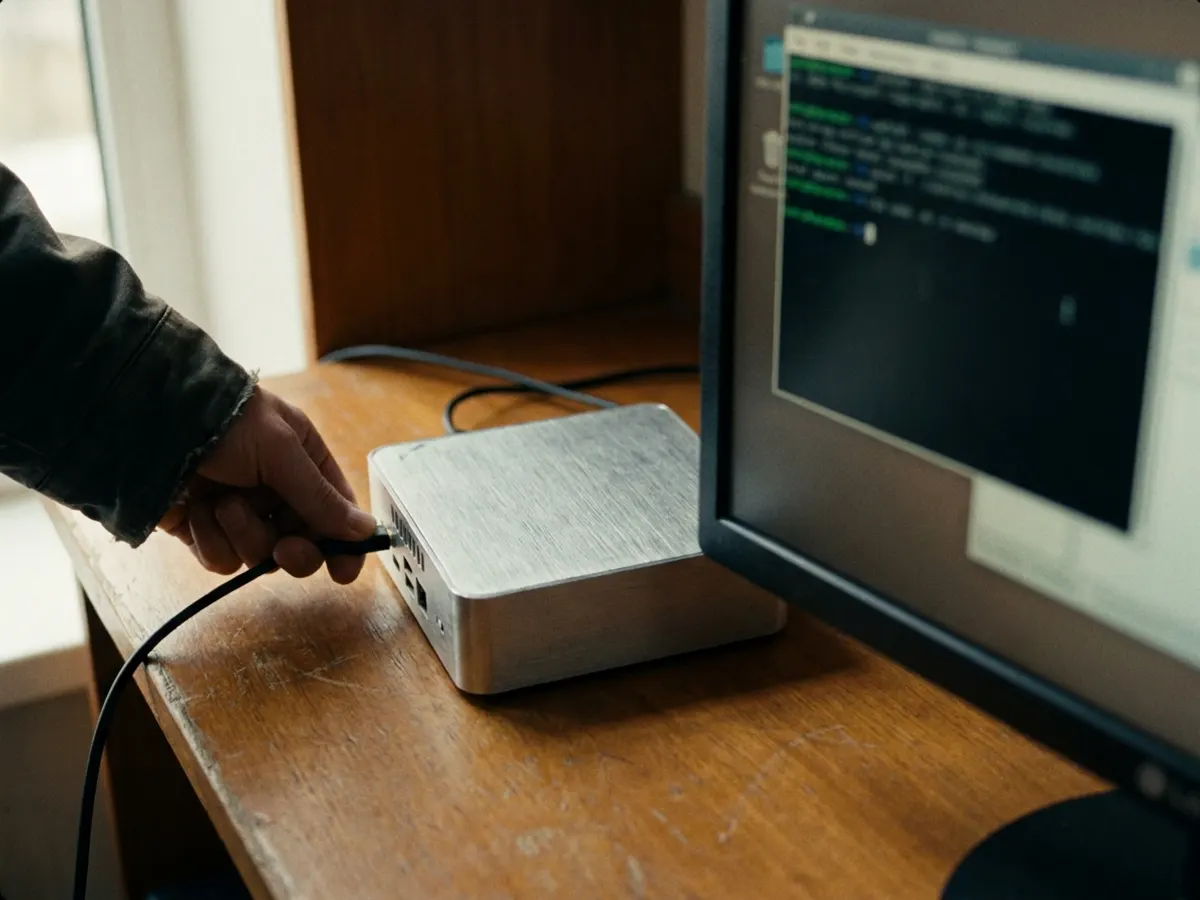 A small aluminium mini computer on a desk beside a monitor showing a terminal
