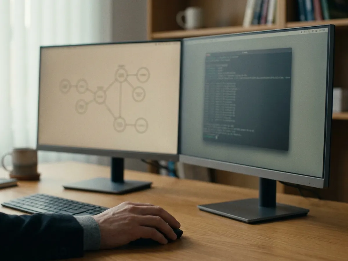 A desk with monitors showing a workflow diagram and a terminal window