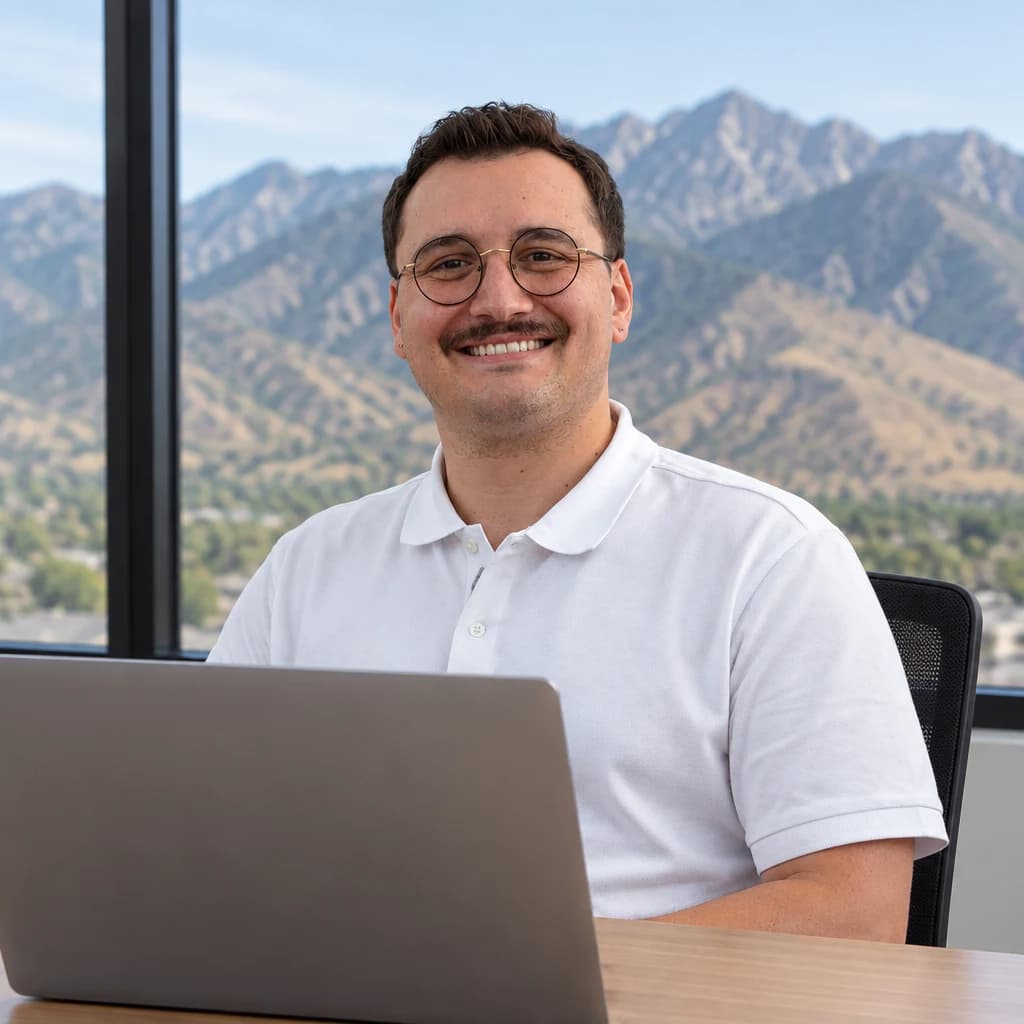 Preston Vawdrey, AI development consultant, seated at a desk in a bright office