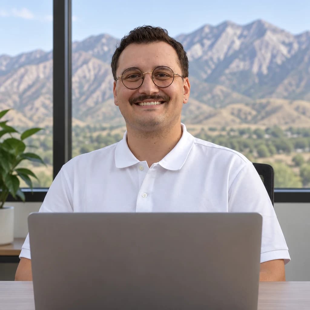 Preston Vawdrey, web developer, seated at a desk in a bright office