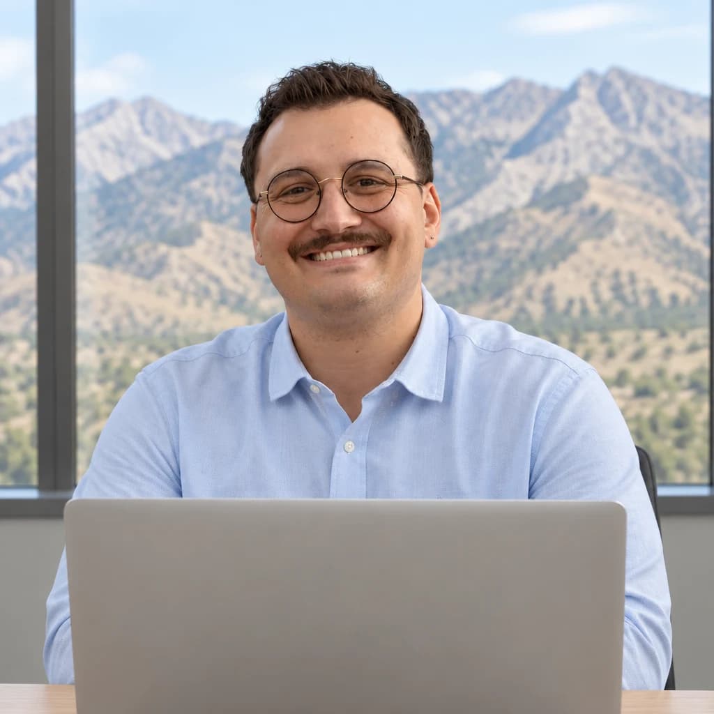 Preston Vawdrey, digital marketing consultant, seated at a desk in a bright office