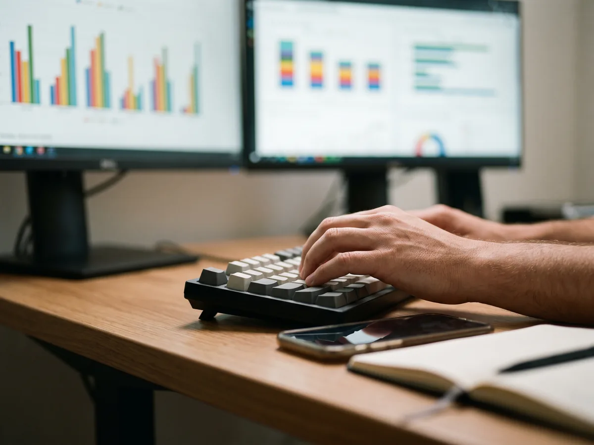 Working at a desk on paid advertising campaign dashboards