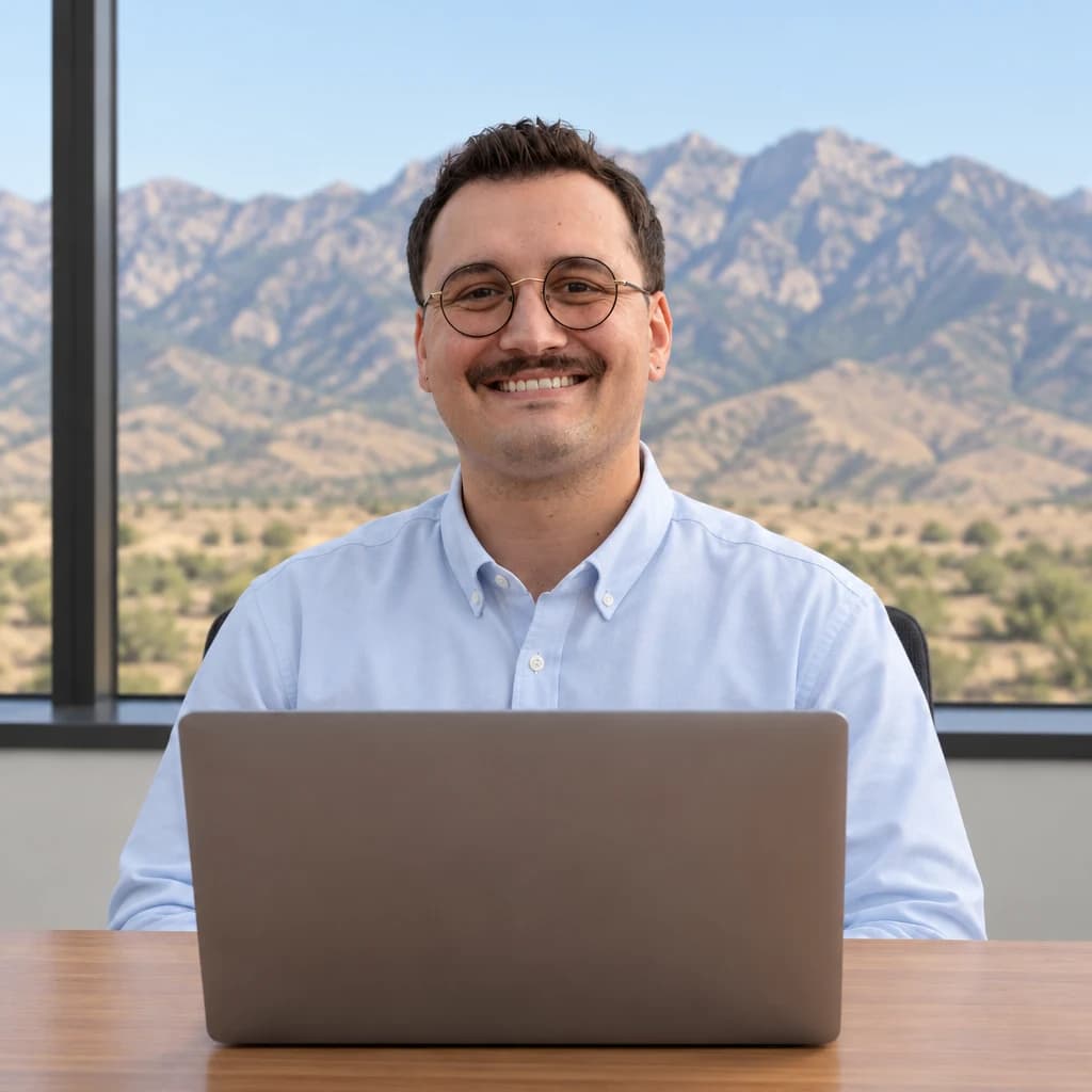 Preston Vawdrey, digital marketing consultant, seated at a desk in a bright office