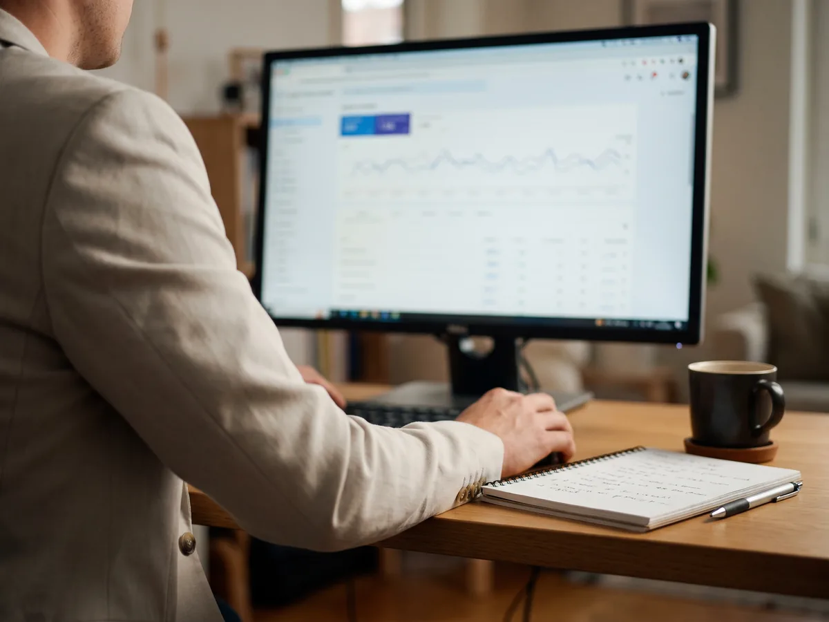 Working at a desk on search analytics and ranking reports