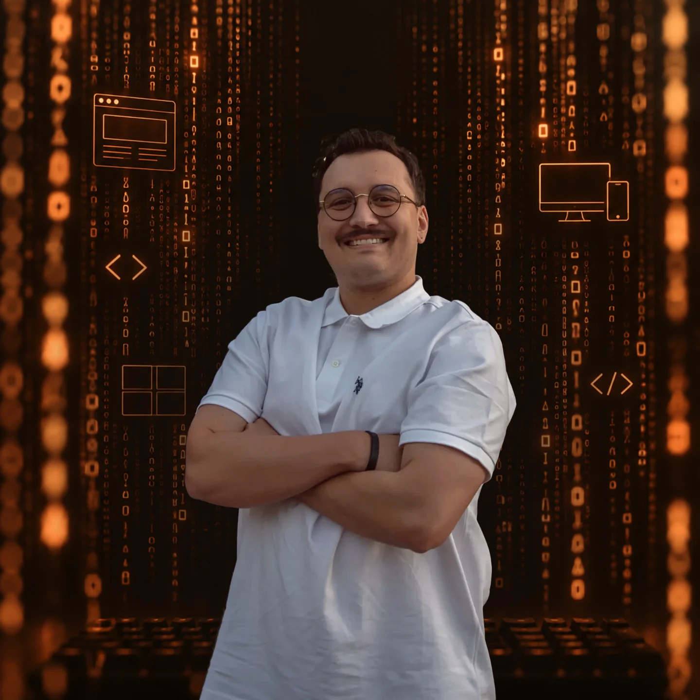 Preston Vawdrey, website design and development consultant, standing in front of streams of code with browser, responsive layout and markup symbols behind him