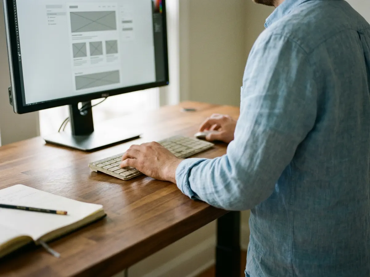 Working at a standing desk on a website wireframe layout