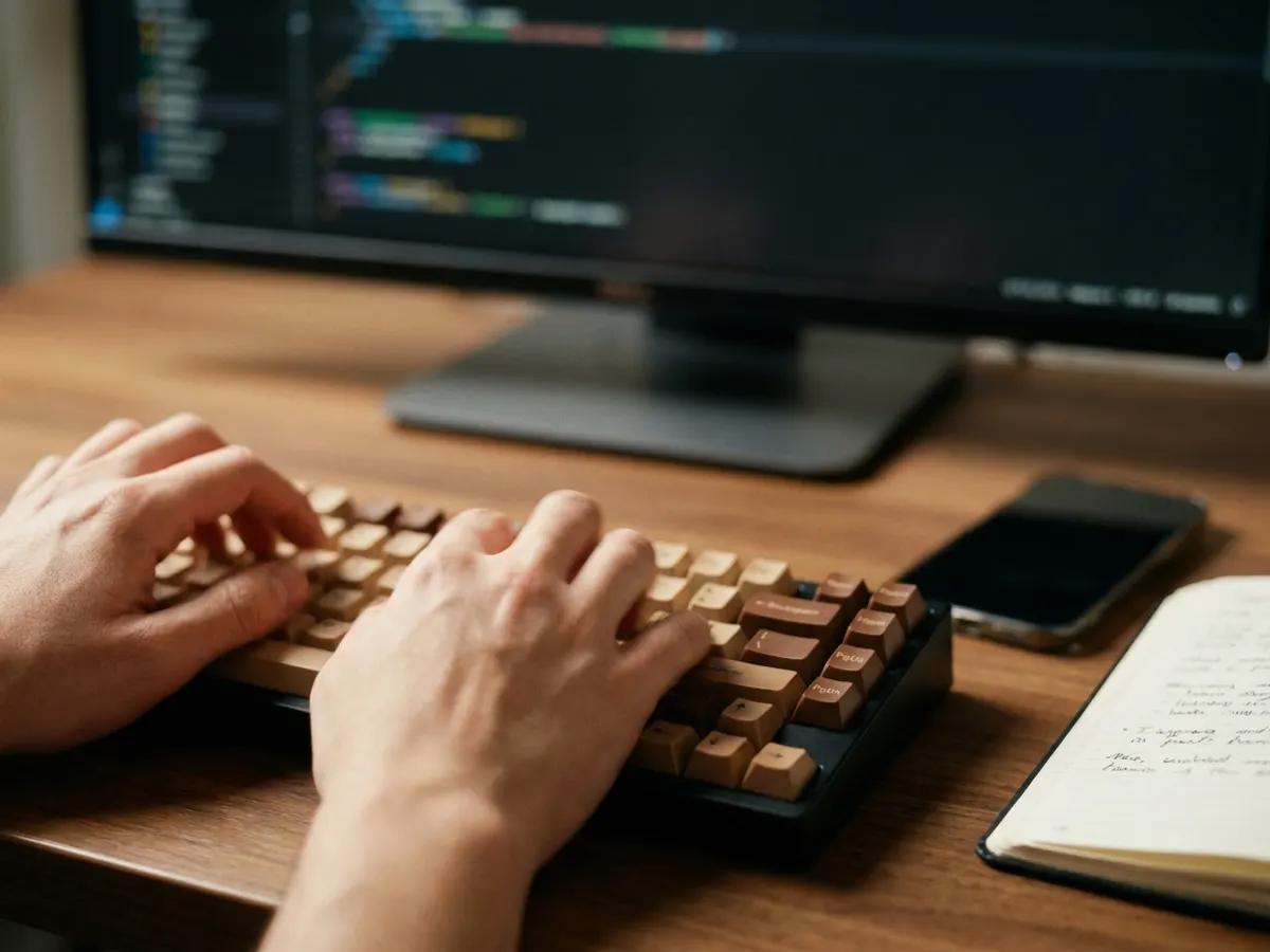 Hands typing on a mechanical keyboard with a code editor on the monitor behind
