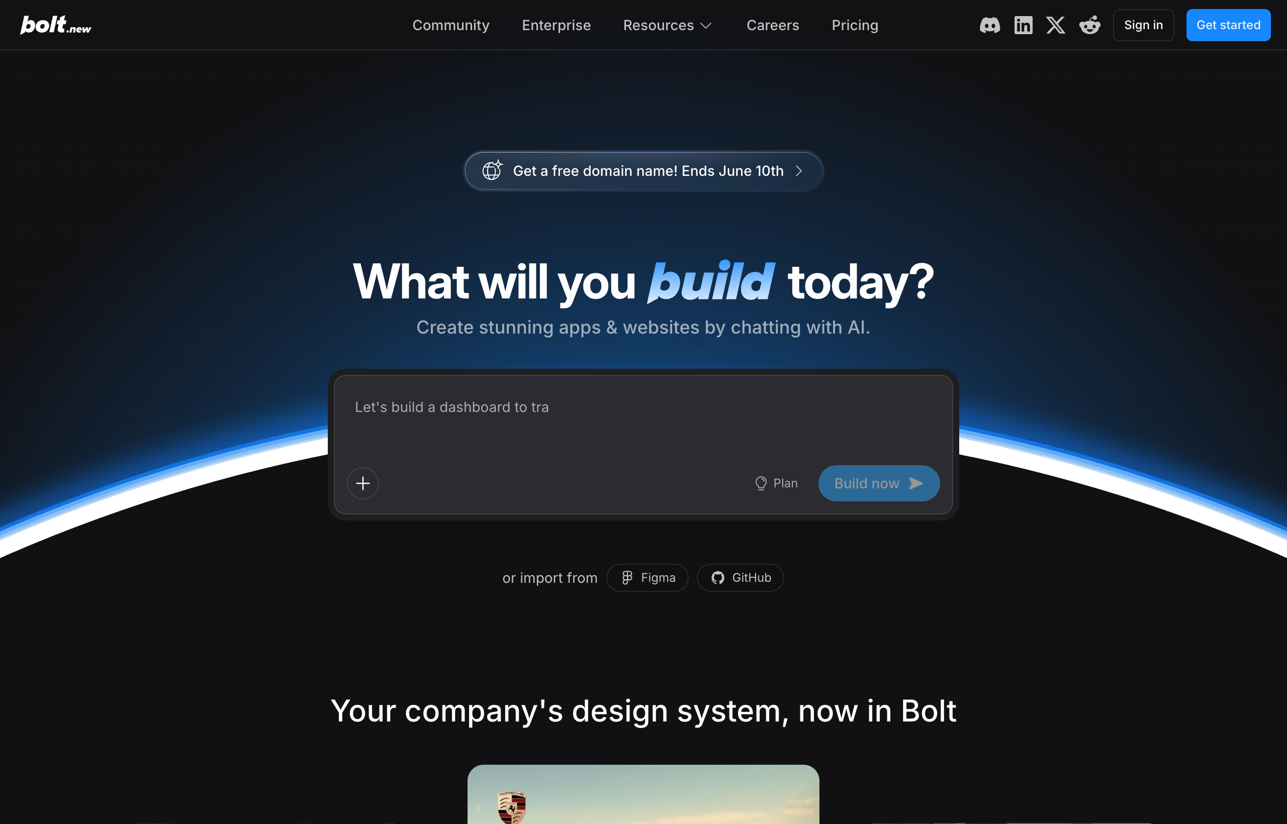 Bolt.new homepage showing the prompt-based AI app builder interface
