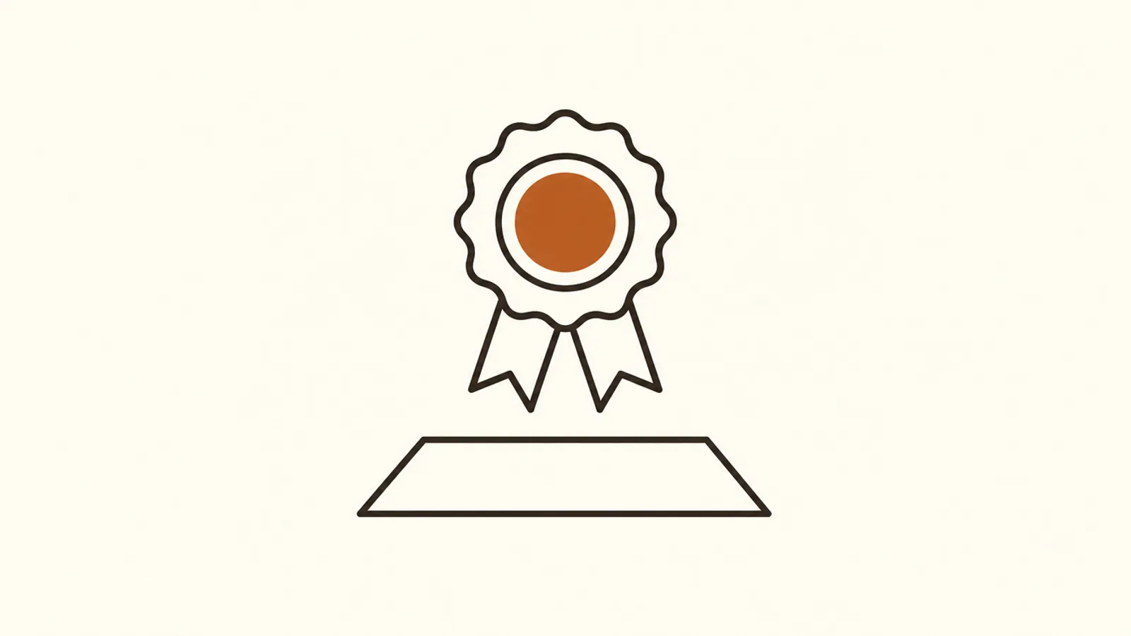 A simple certificate ribbon seal floating above a flat rectangle outline, illustrating digital product brand strategy