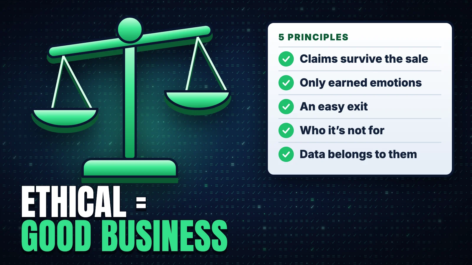 A green balance scale beside a checklist of five ethical marketing principles, with the headline Ethical = Good Business