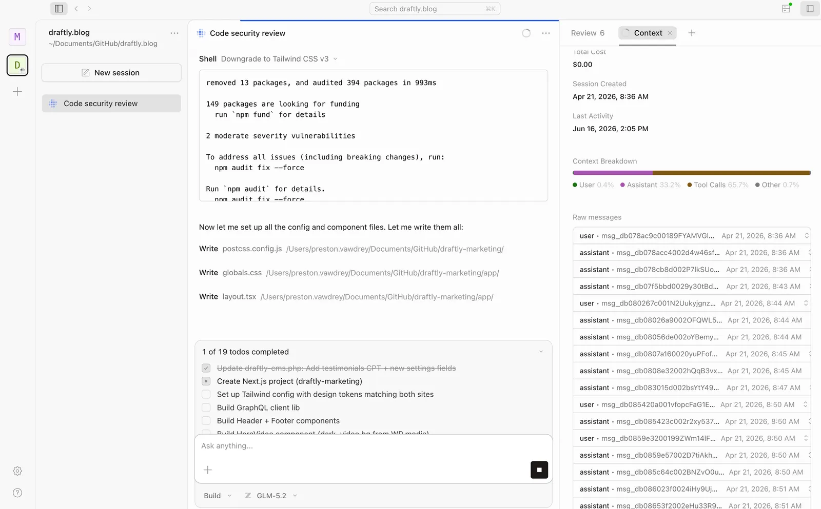GLM 5.2 in opencode running a code security review on the Draftly.blog codebase