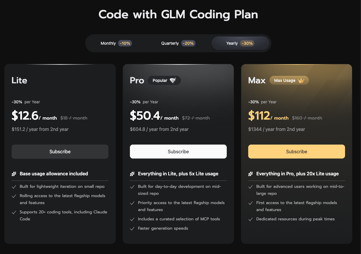 Z.ai GLM Coding Plan pricing tiers: Lite, Pro, and Max with monthly pricing