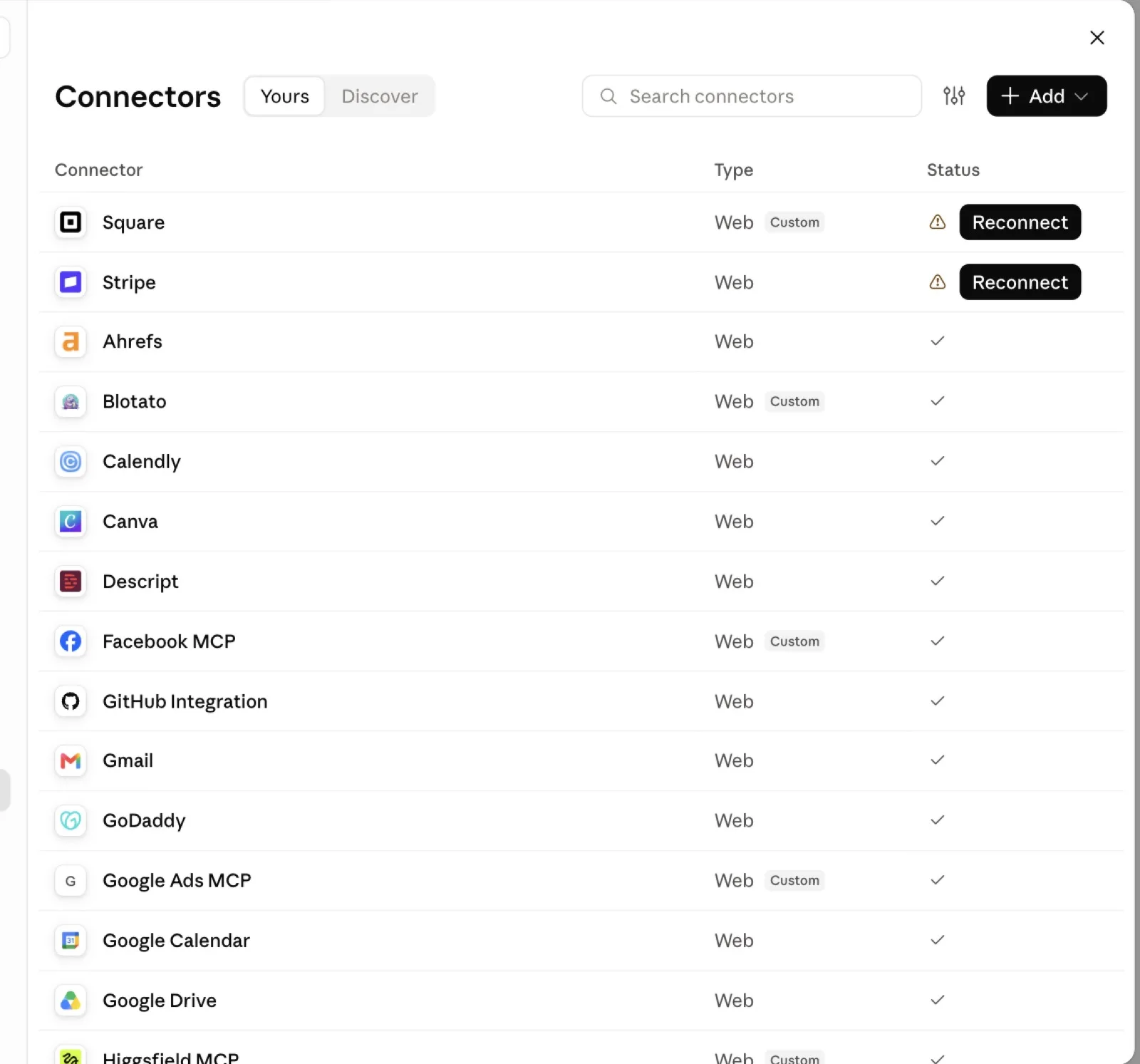 adding a standard MCP connector in Claude settings