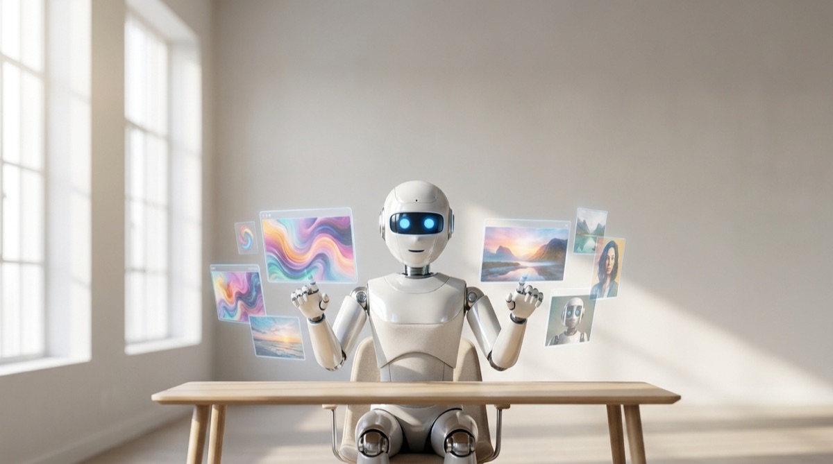 Higgsfield AI agent sample image of a friendly robot generating images in a studio