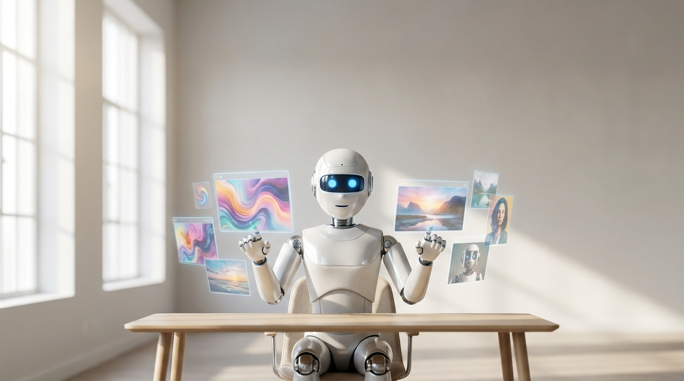 Higgsfield AI agent sample image of a friendly robot generating images in a studio