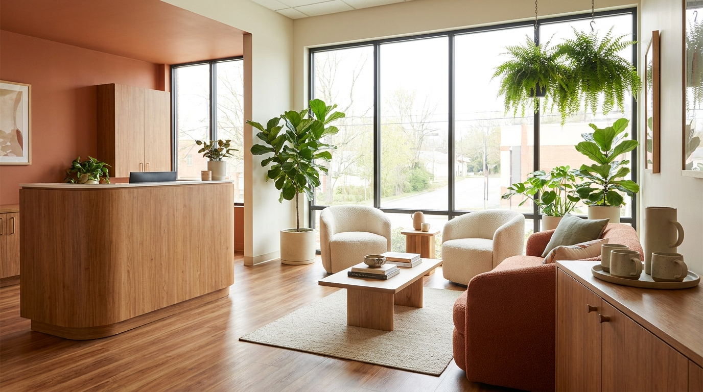Higgsfield sample image of a warm modern dental office reception, the kind a small business would use
