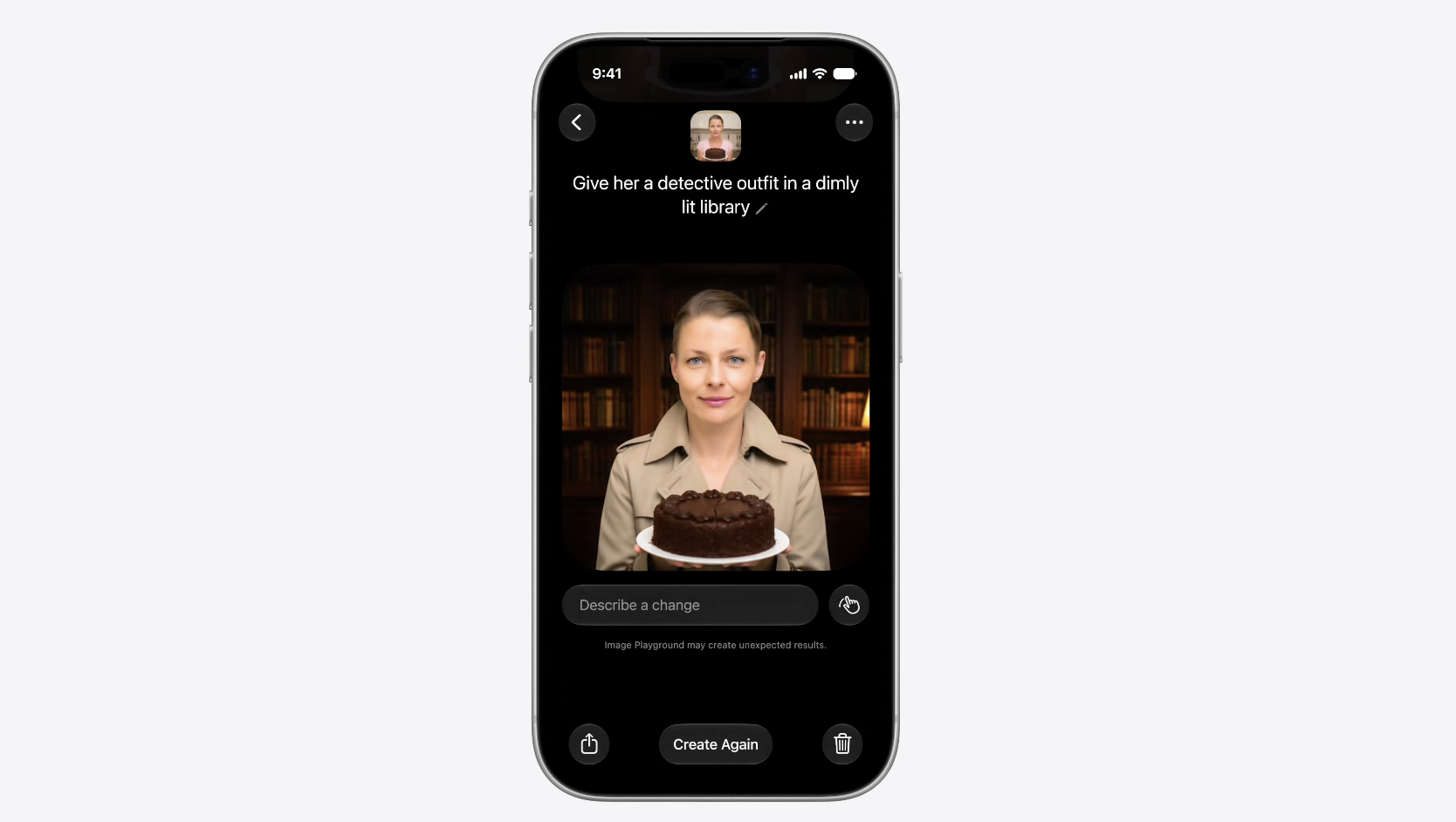 Image Playground restyling a portrait into a detective outfit in a dimly lit library