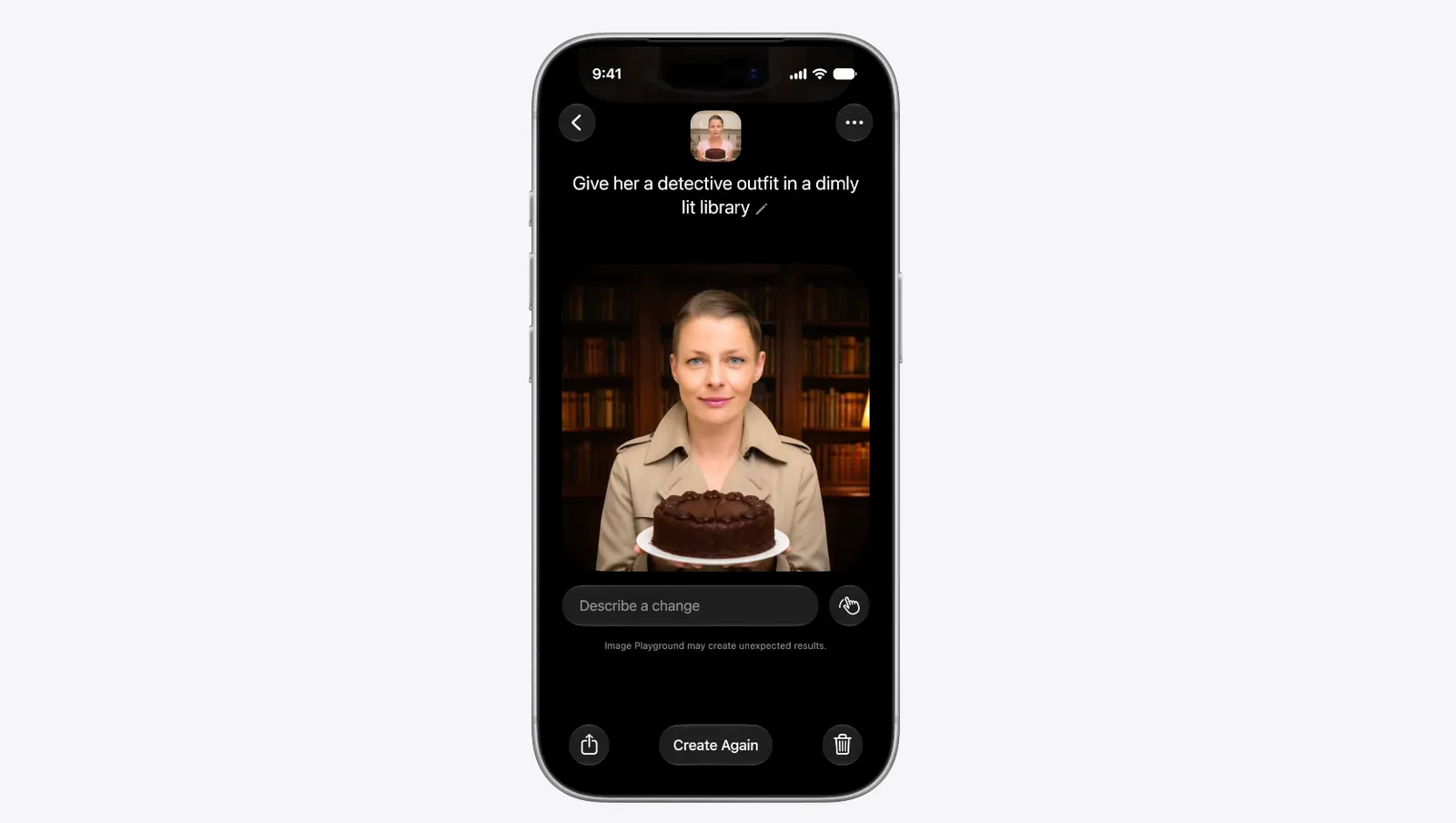 Image Playground restyling a portrait into a detective outfit in a dimly lit library