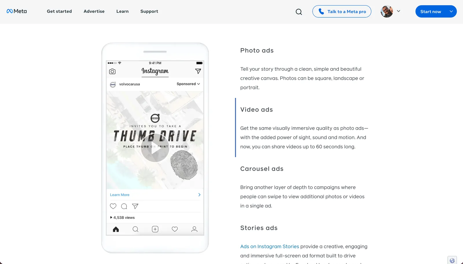 Meta's own breakdown of Instagram ad formats: photo, video, carousel, and stories ads, shown next to a real in-feed video ad example
