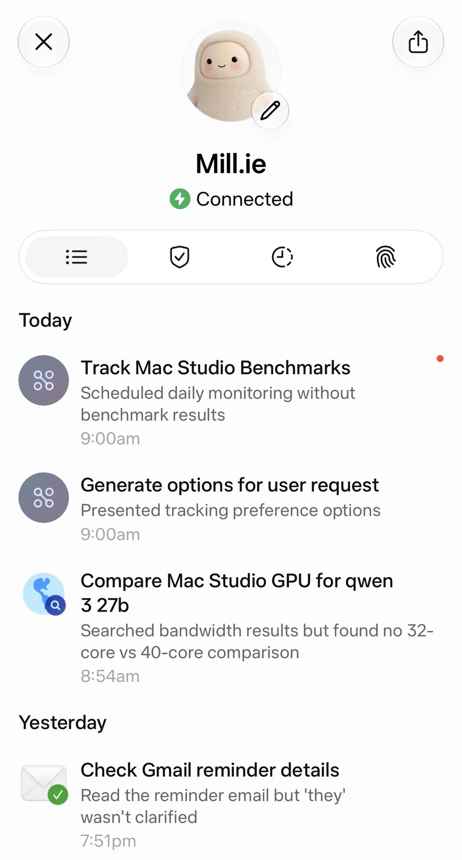 The Meta Muse activity feed showing scheduled monitoring and completed research tasks