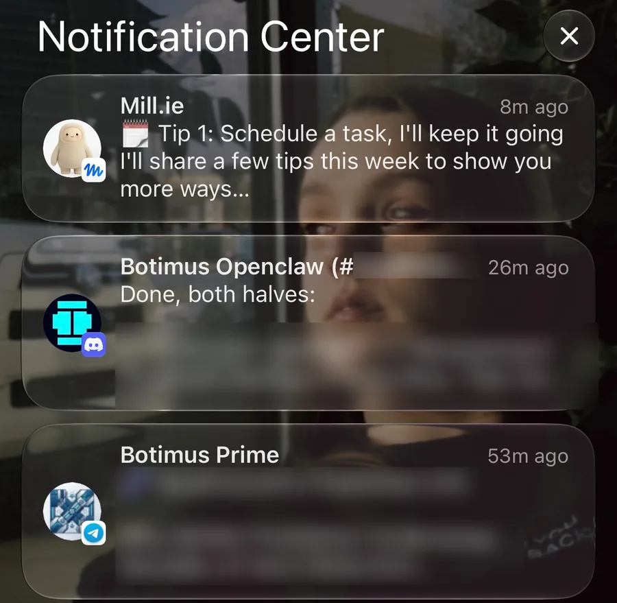 Notification Center showing Meta Muse alongside custom Discord and Telegram bots