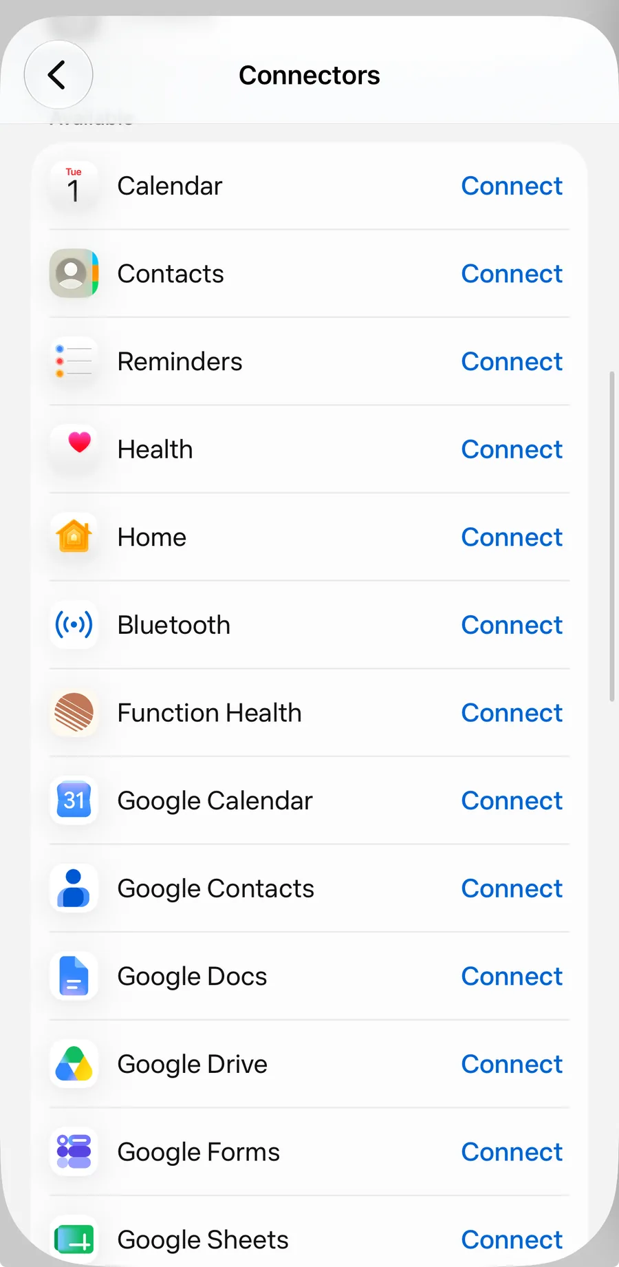 The Meta Muse available connectors list showing Apple Reminders, Health, Home, Bluetooth and the full Google suite