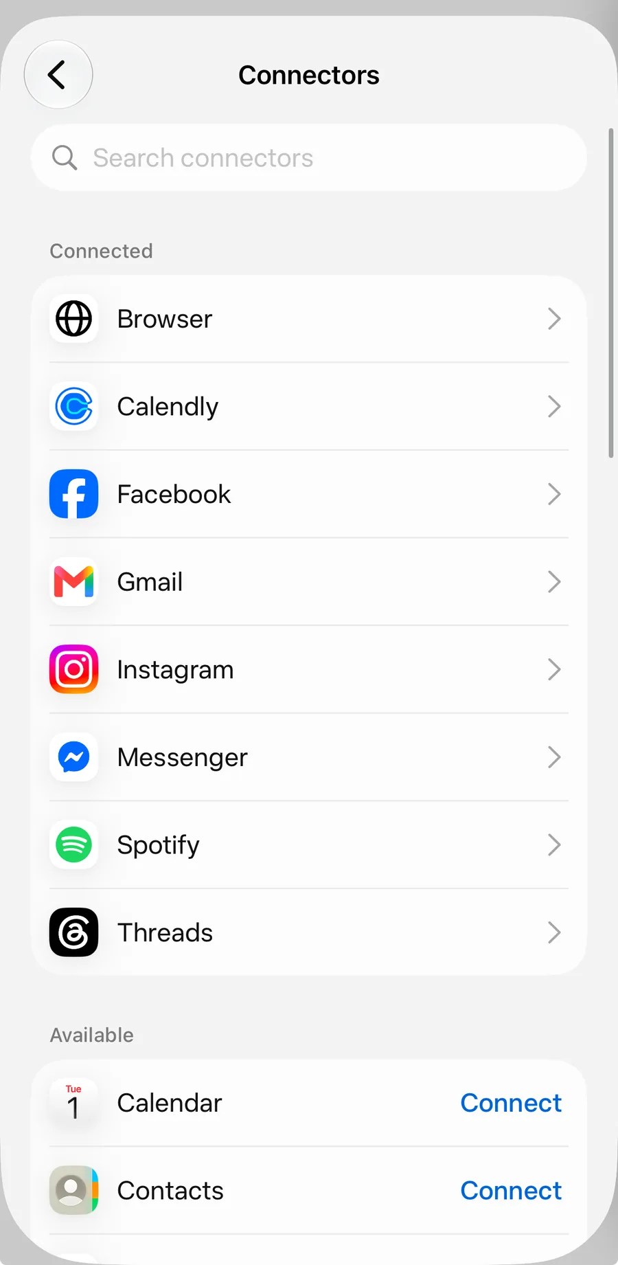 The Meta Muse connectors screen showing connected services including Gmail, Calendly, Spotify and Threads