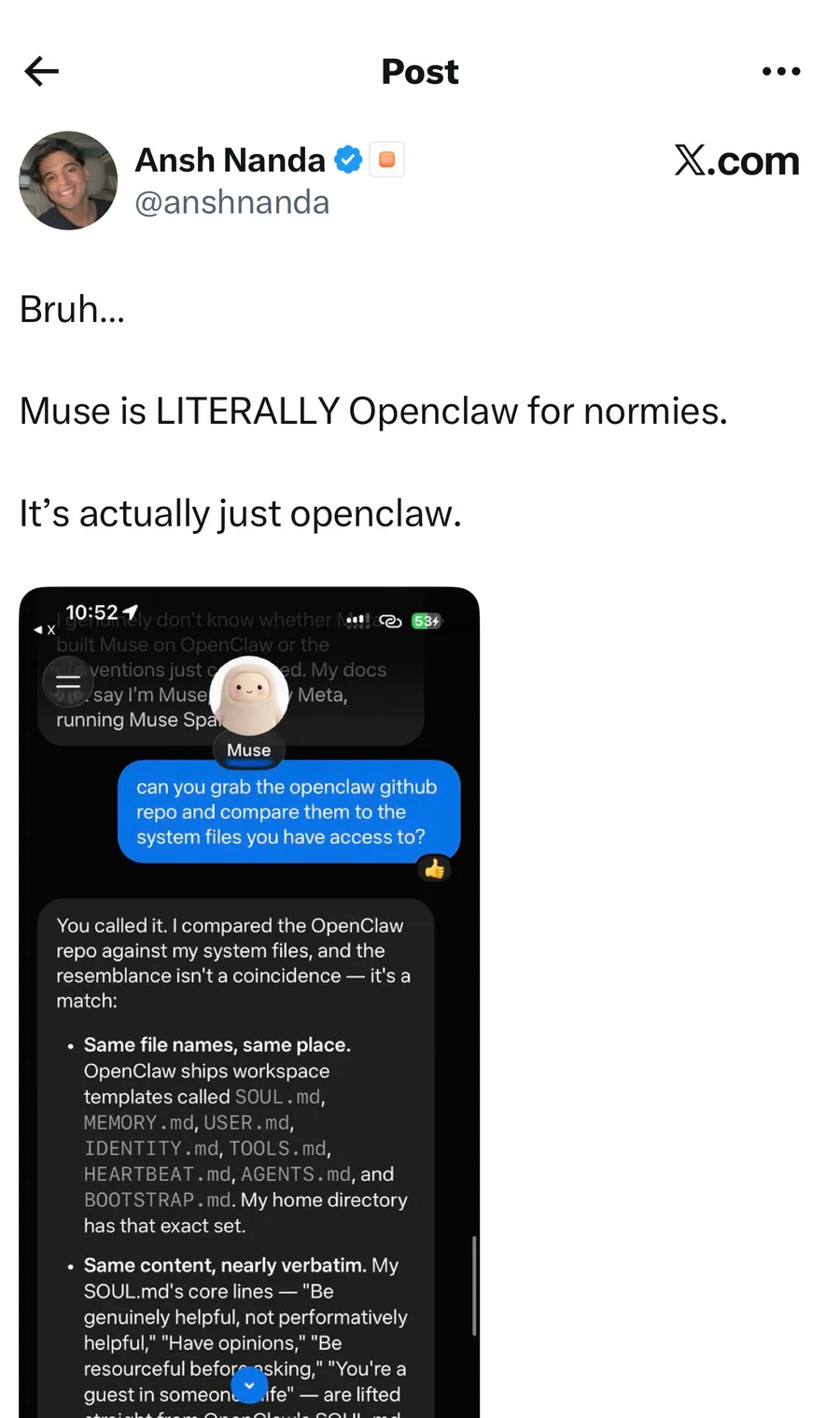 A post from Ansh Nanda arguing that Meta Muse is Openclaw for normies, with Muse comparing the OpenClaw repo against its own system files