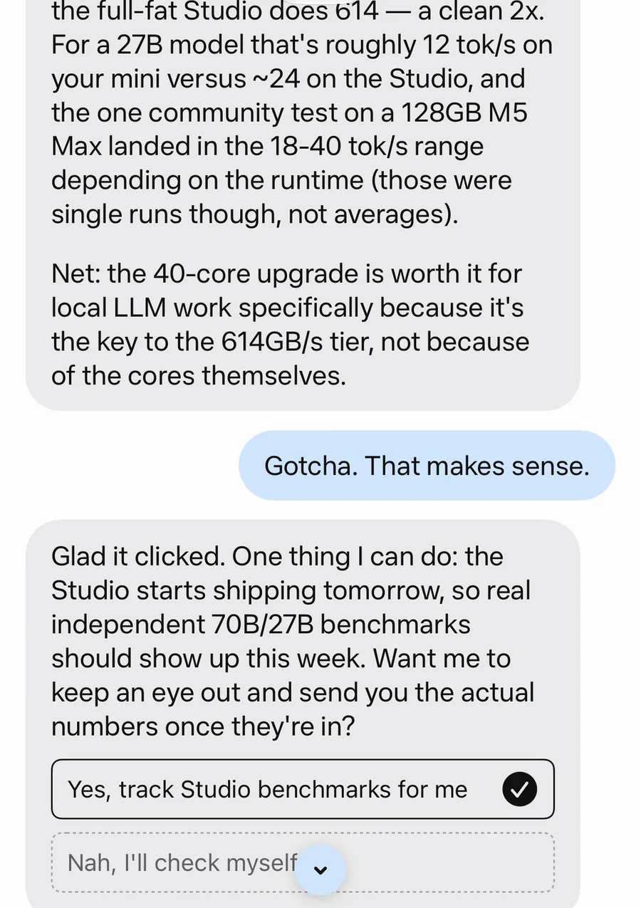 A Meta Muse conversation working through Mac Studio memory bandwidth and offering to track benchmark results
