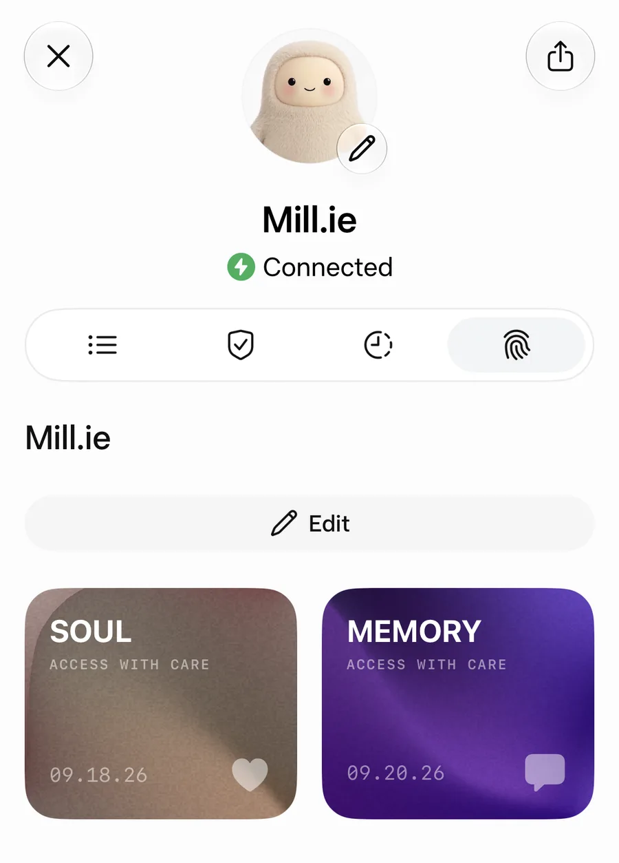 The Meta Muse personality screen showing Soul and Memory cards for a custom agent