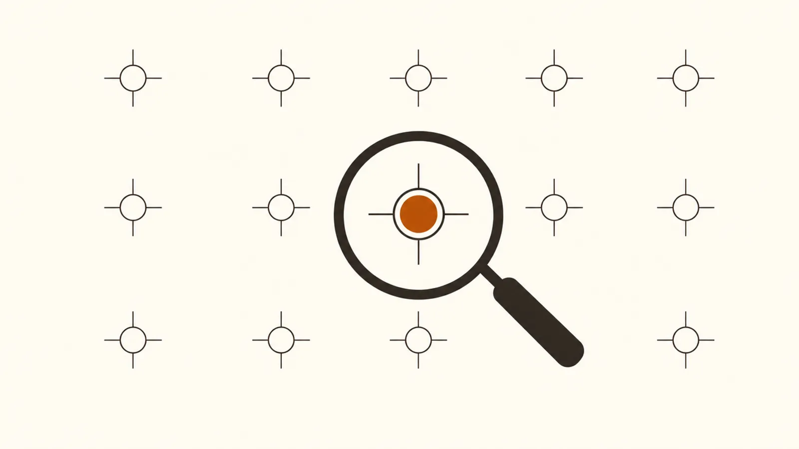 A magnifying glass hovering over one highlighted node in a sparse grid of faint nodes, illustrating niche market SEO
