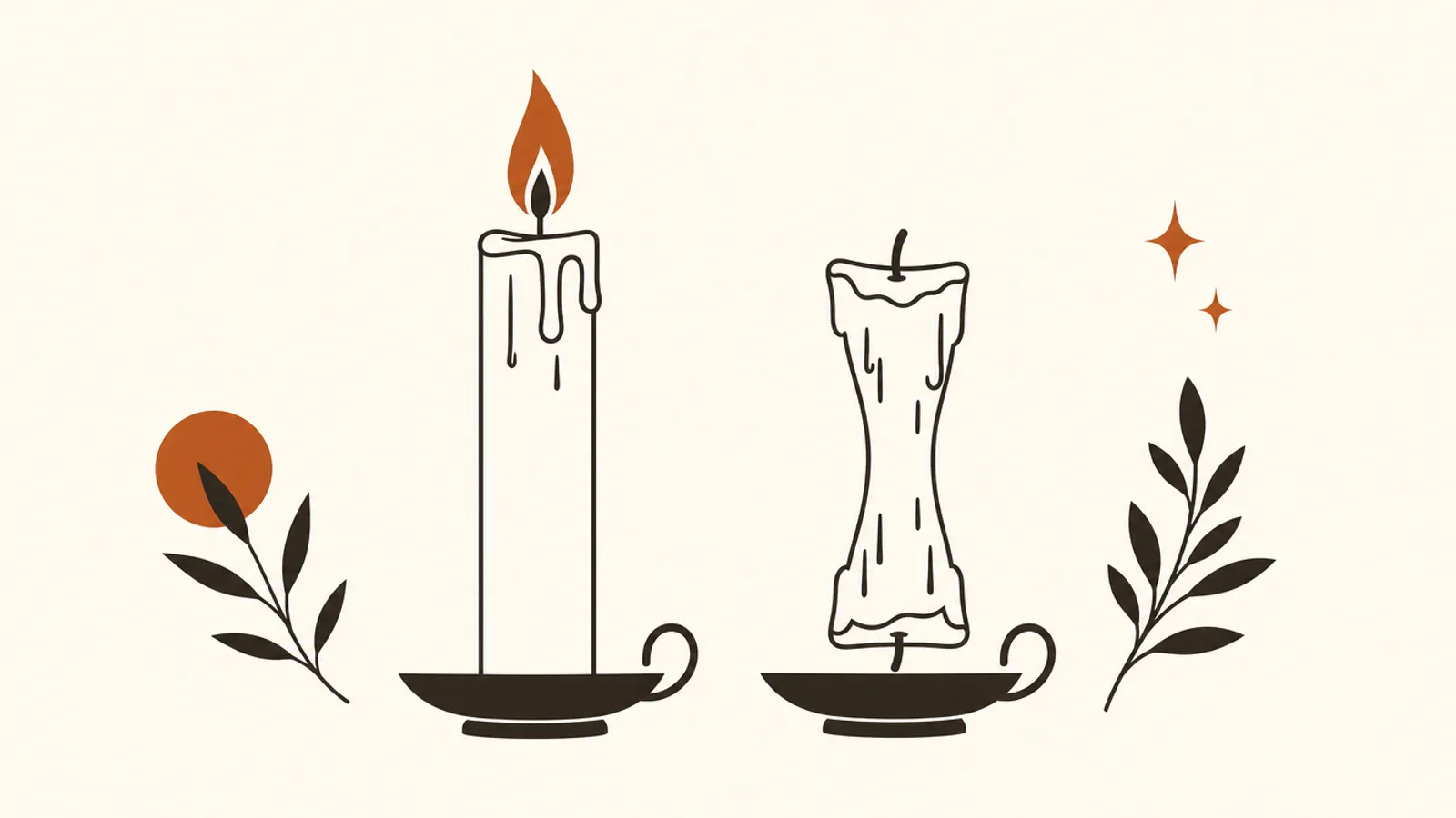 A candle burning steadily at one end beside a second candle burnt at both ends, illustrating sustainable hustle for marketers
