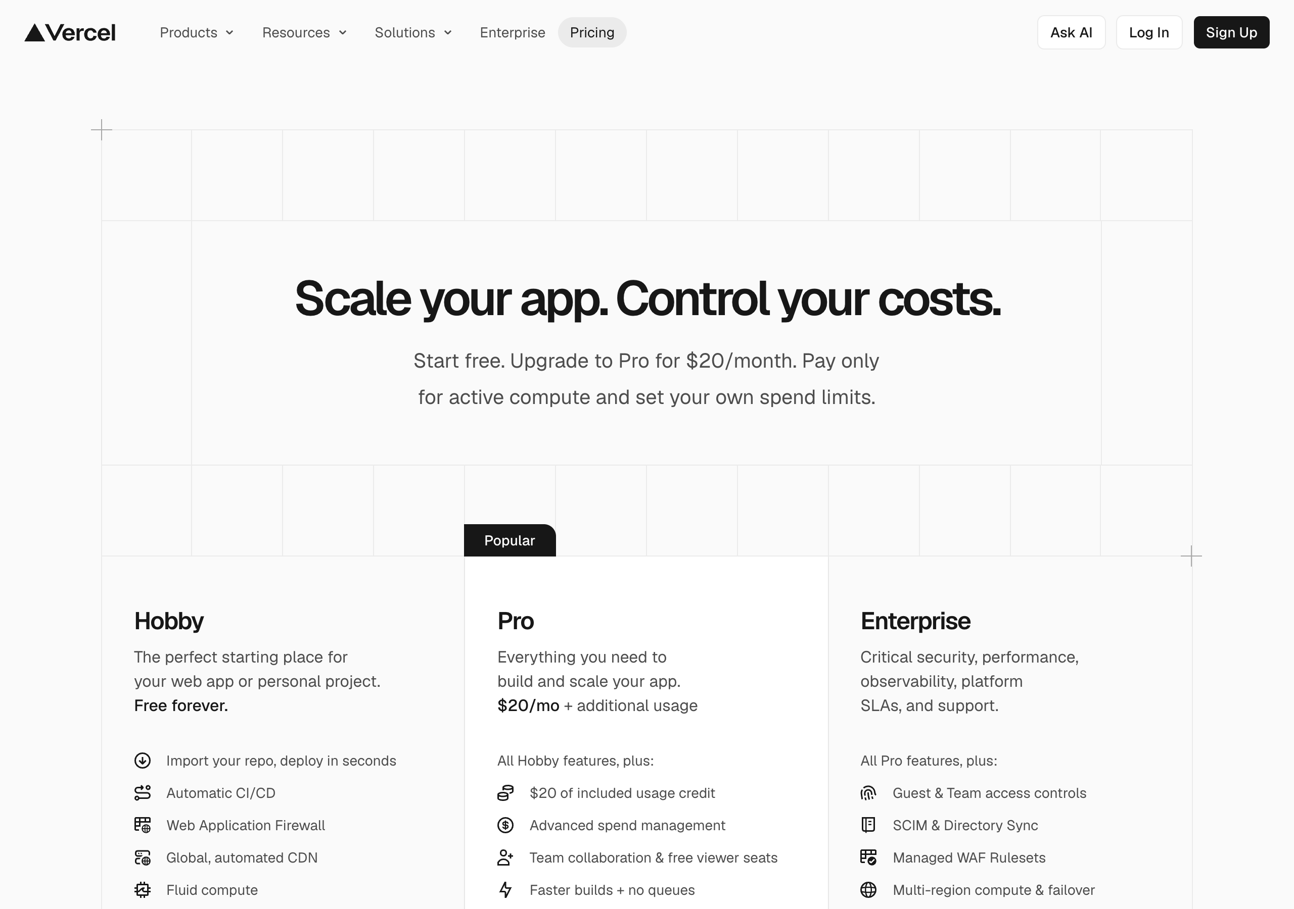 Vercel pricing page showing the free hobby tier available for personal projects