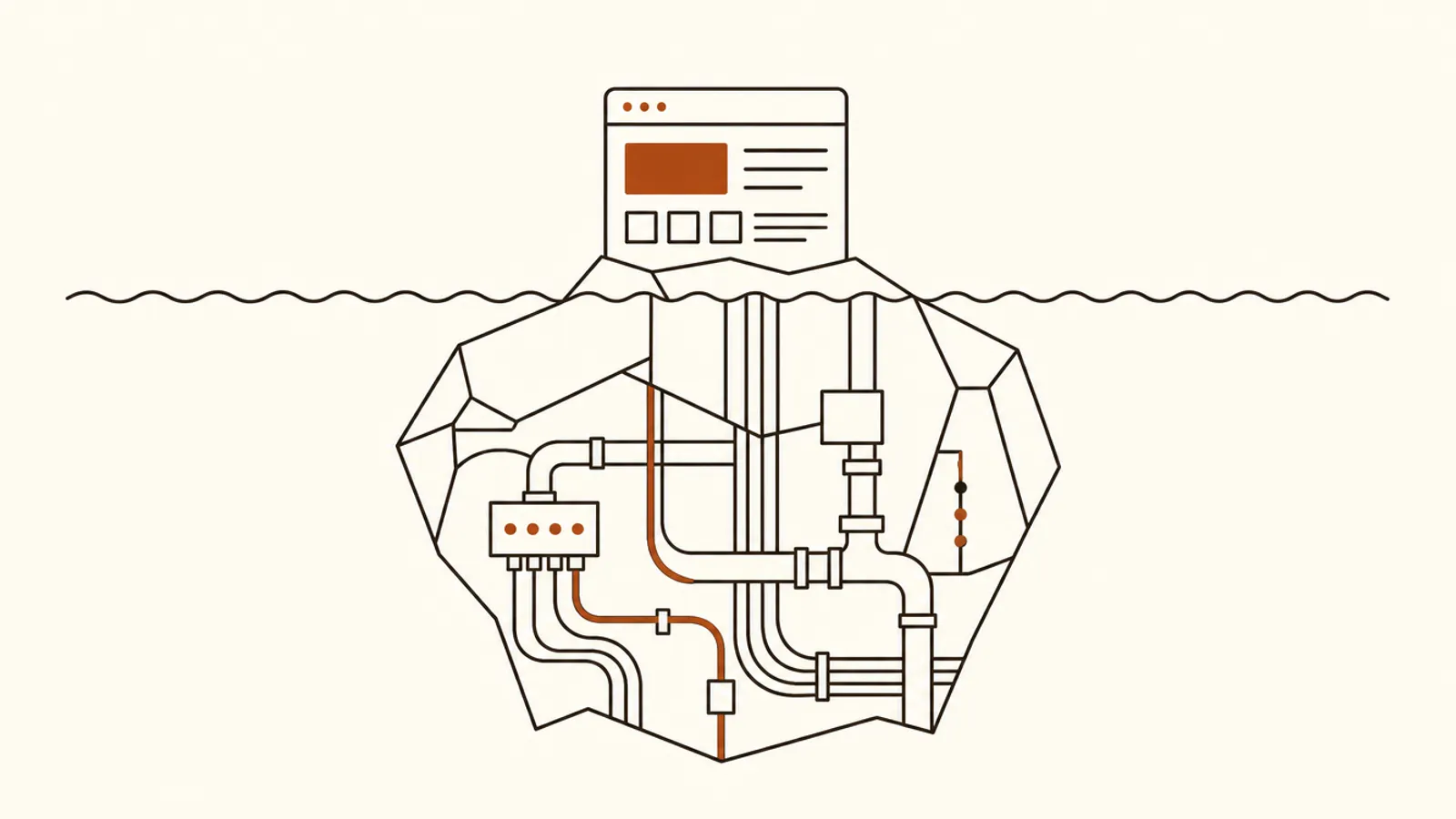 An iceberg where a small website window floats above the waterline and pipes and cables sit below it, illustrating web infrastructure for marketers