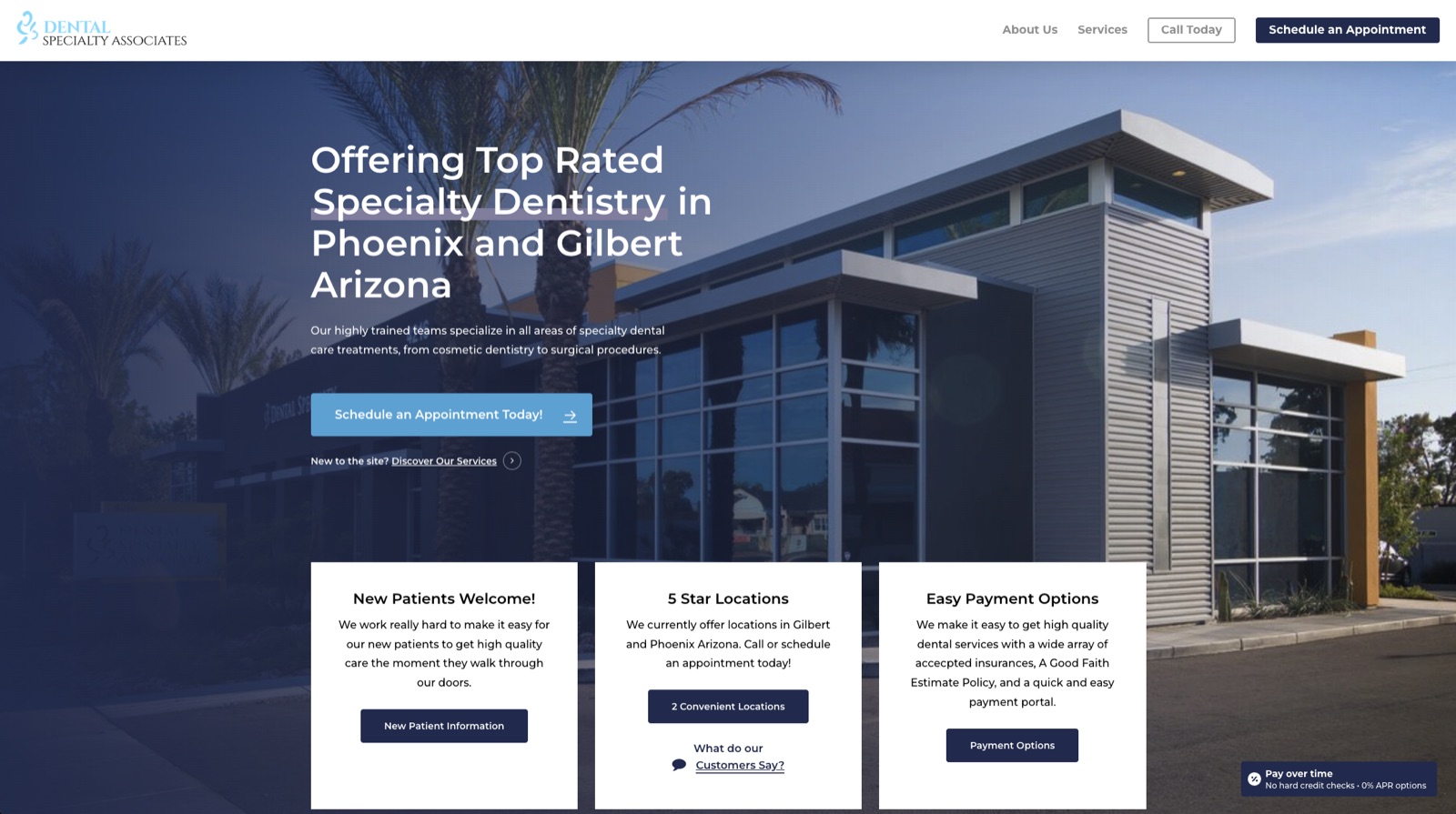 Arizona Dental Specialists homepage promoting top-rated dentistry in Phoenix and Gilbert