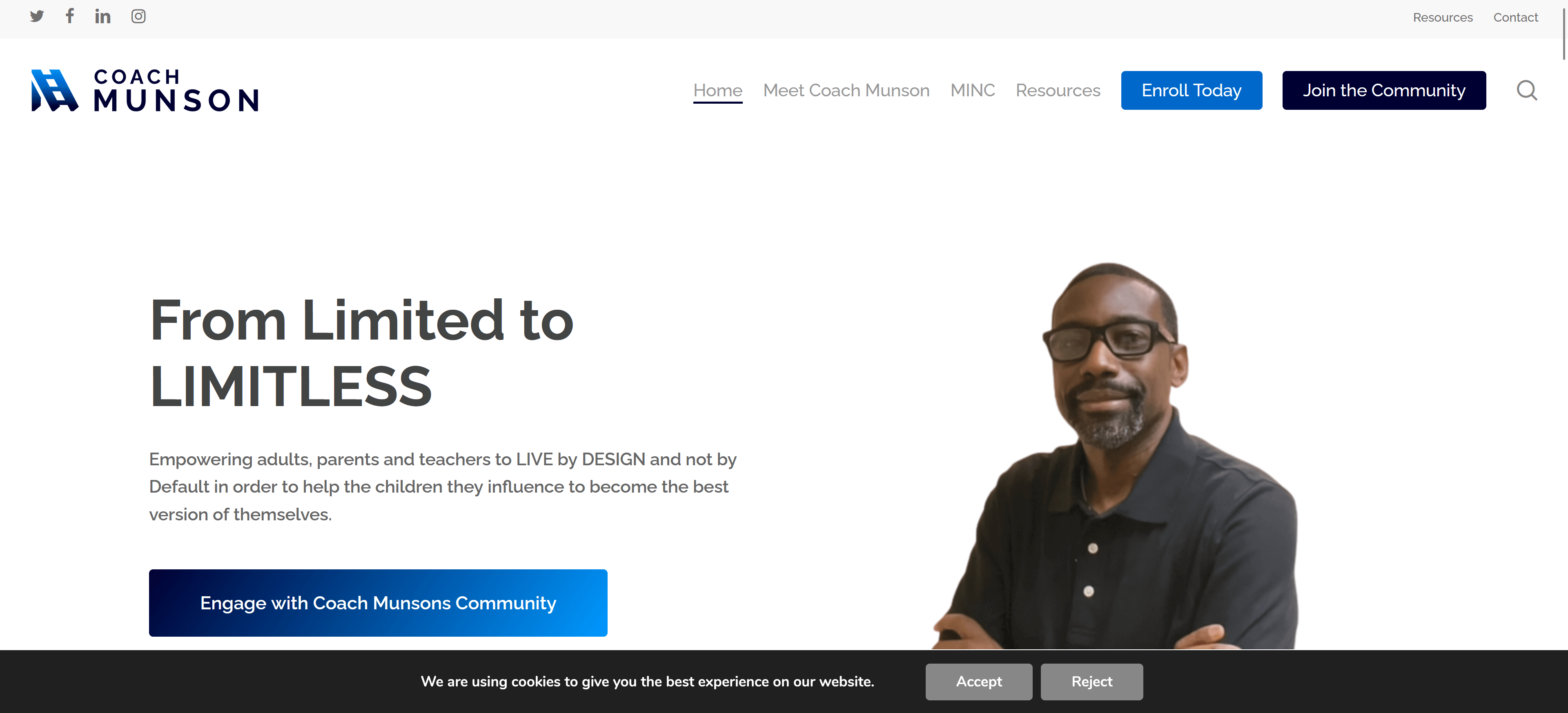 Coach Munson homepage, a clean website design with a clear call to action