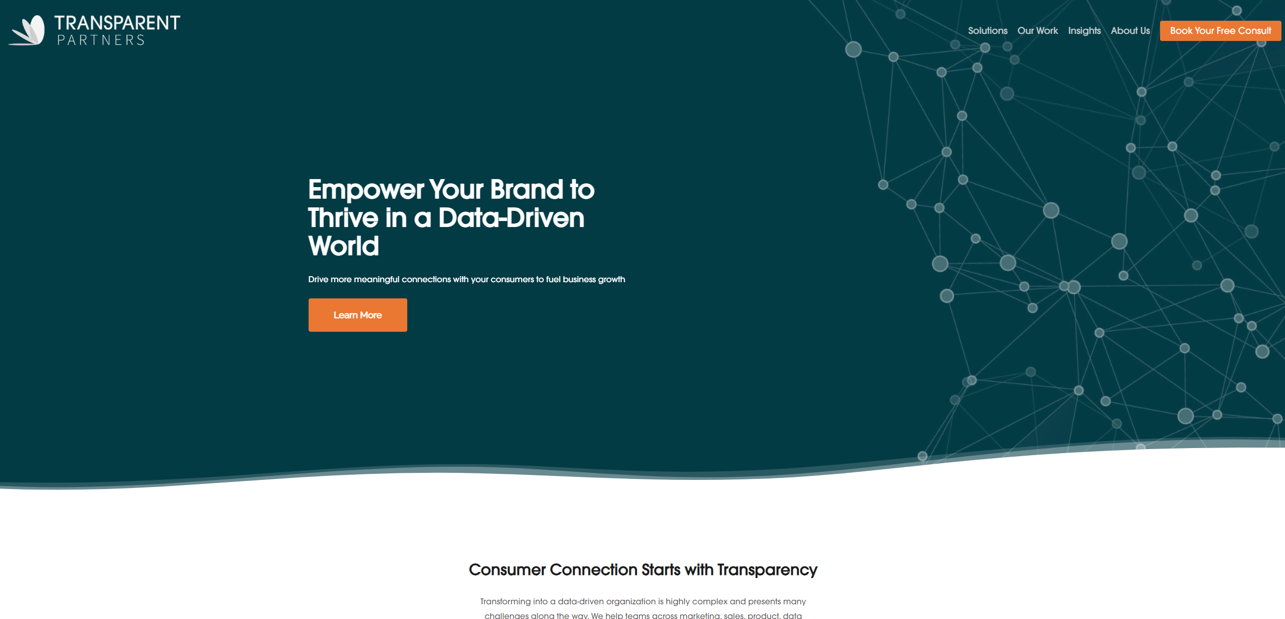 Transparent Partners homepage, a sleek data-driven marketing agency website